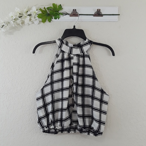 Tune Light Tops - High-Neck Black & White Plaid Cropped Halter Top